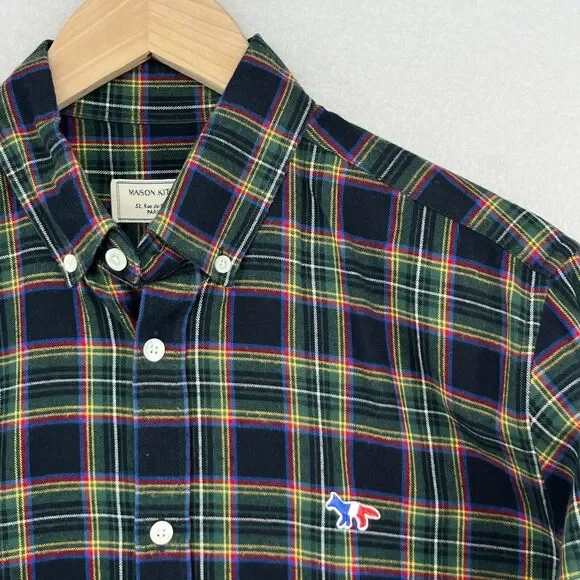 MAISON KITSUNE Shirt Mens 40 L Tartan Plaid Flannel Tricolor Fox Cotton Green - Picture 1 of 14